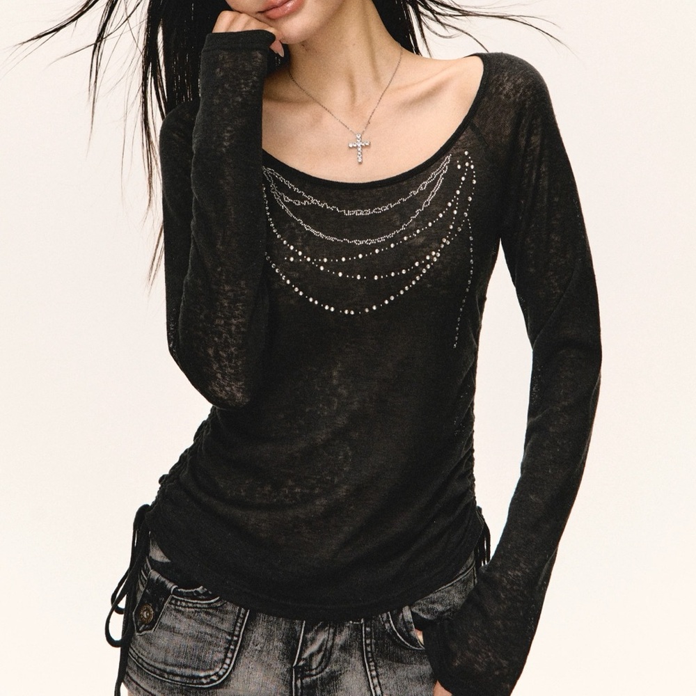 Black Long Sleeve Scoop Neck Top with Studded Chain Prints - Picture 2 of 2